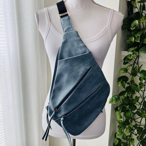 Marshall Stone Blue Vegan Marbled Leather Sling Bag Tri Pocket Lightweight